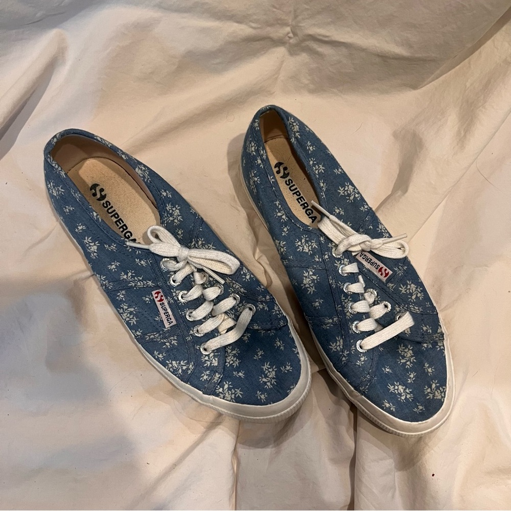 Superga Blue Chambray Floral Sneakers